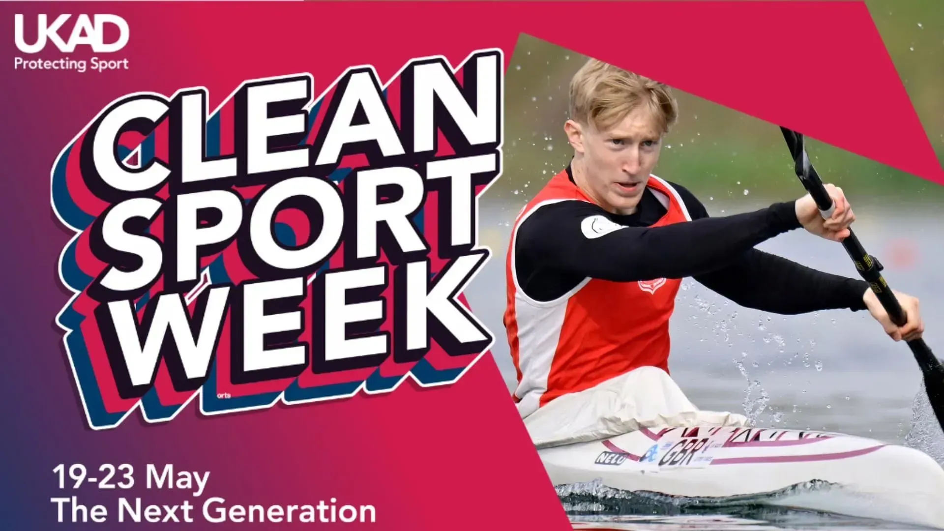 A man is rowing a kayak in a clean sport week advertisement.