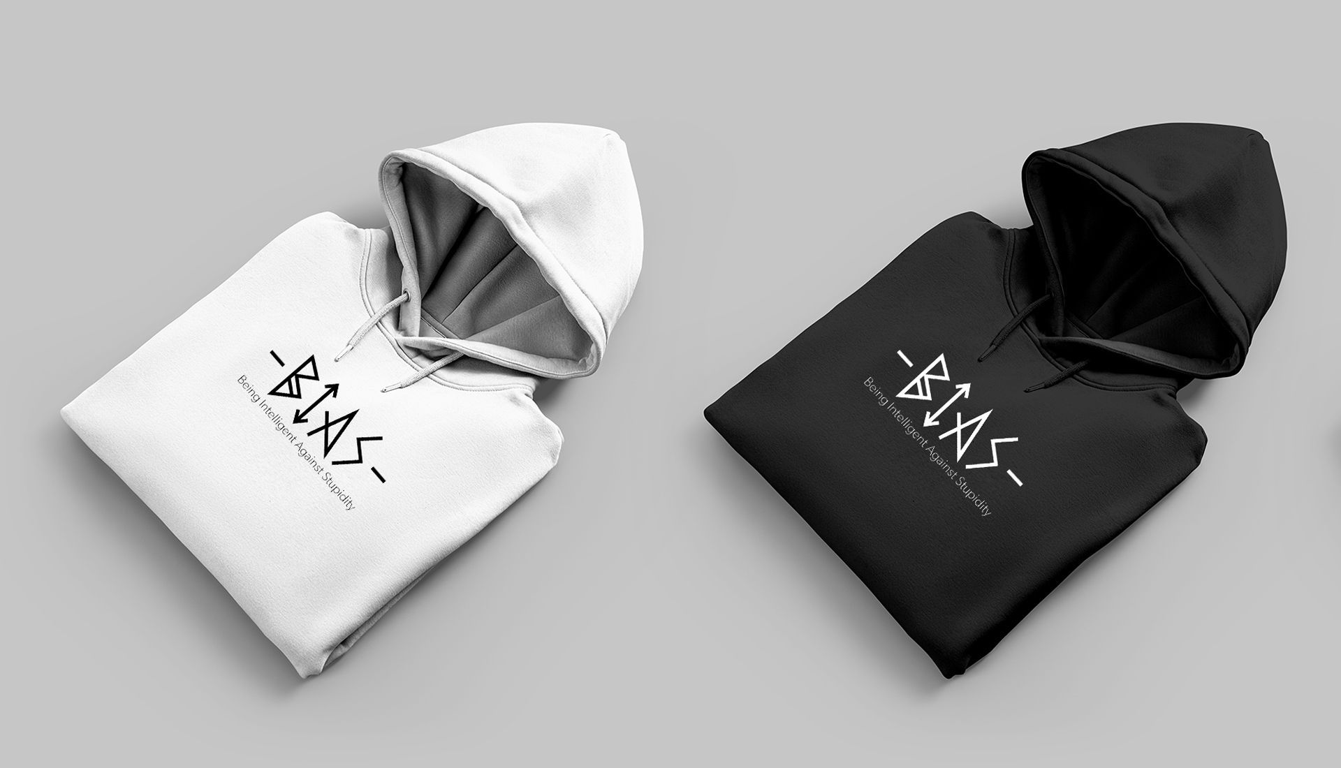 Two hooded sweatshirts, one white and one black, with 