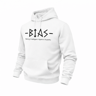 White hooded sweatshirt with the word "BIAS" and its acronym on the front.