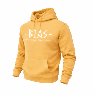 Mustard yellow hoodie with white text that reads "-BIAS-" with graphic elements below.