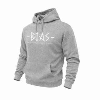 Gray hoodie with the word "BIAS" in white and runic-style text. Pocket on the front.