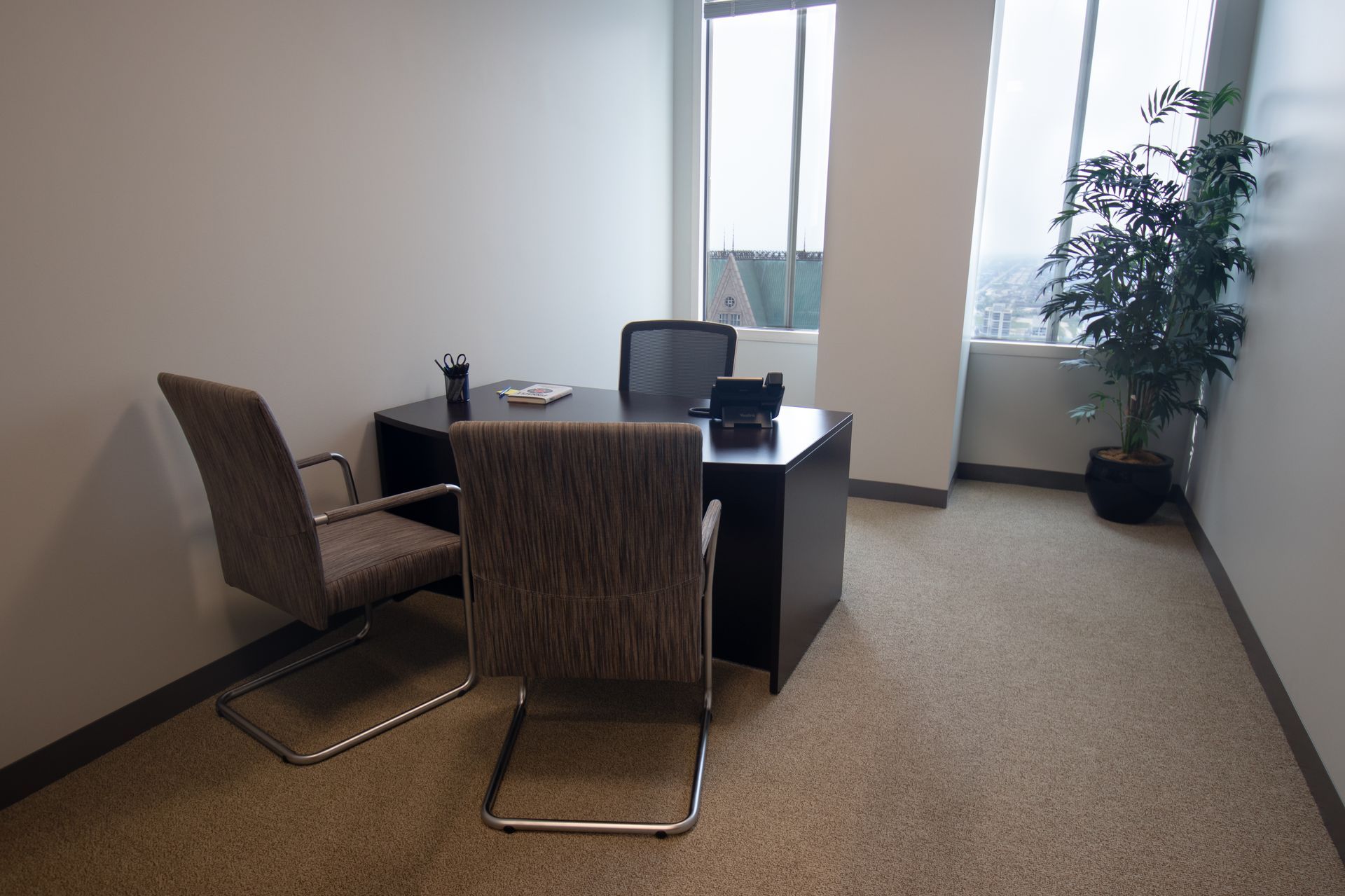 Office with a desk, chairs, and a plant near a window. The room is mostly beige and gray.