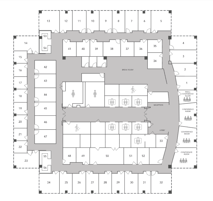 Floor plan of an office building with numbered rooms, hallways, and restrooms.
