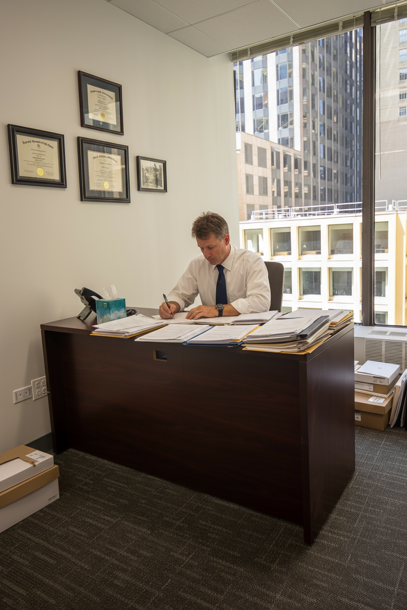 Man in a white shirt and tie writing at a dark wooden desk in an office with city views.