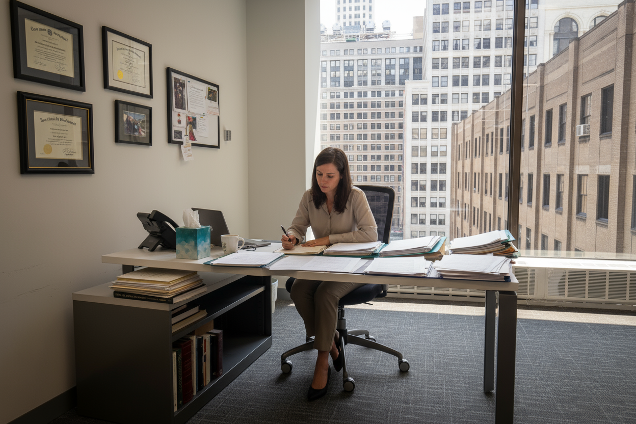 Woman at desk in office, writing on papers. City buildings visible through window.