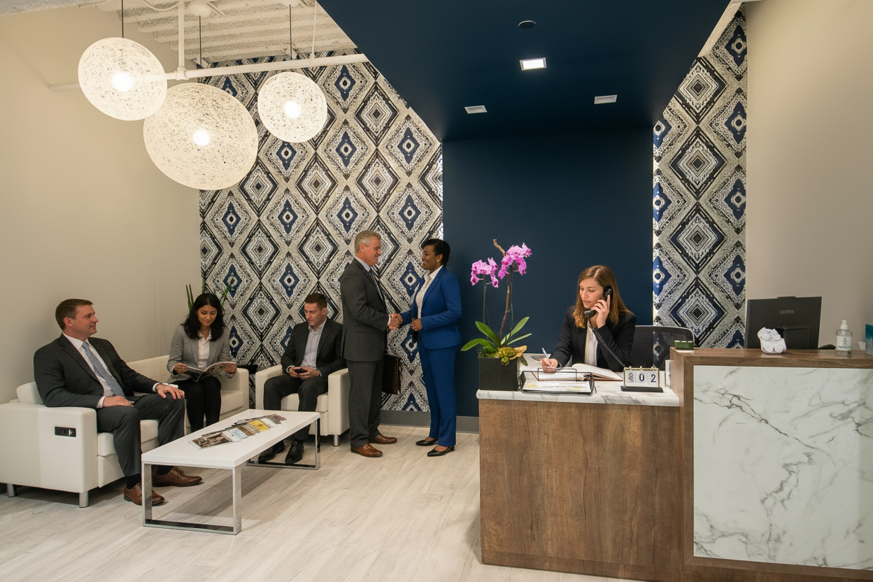 Office waiting area: people in suits, patterned wall, receptionist at desk, white chairs, and decorative lights.