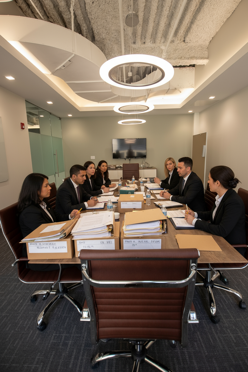 People in a conference room seated around a table, documents present. They're discussing.