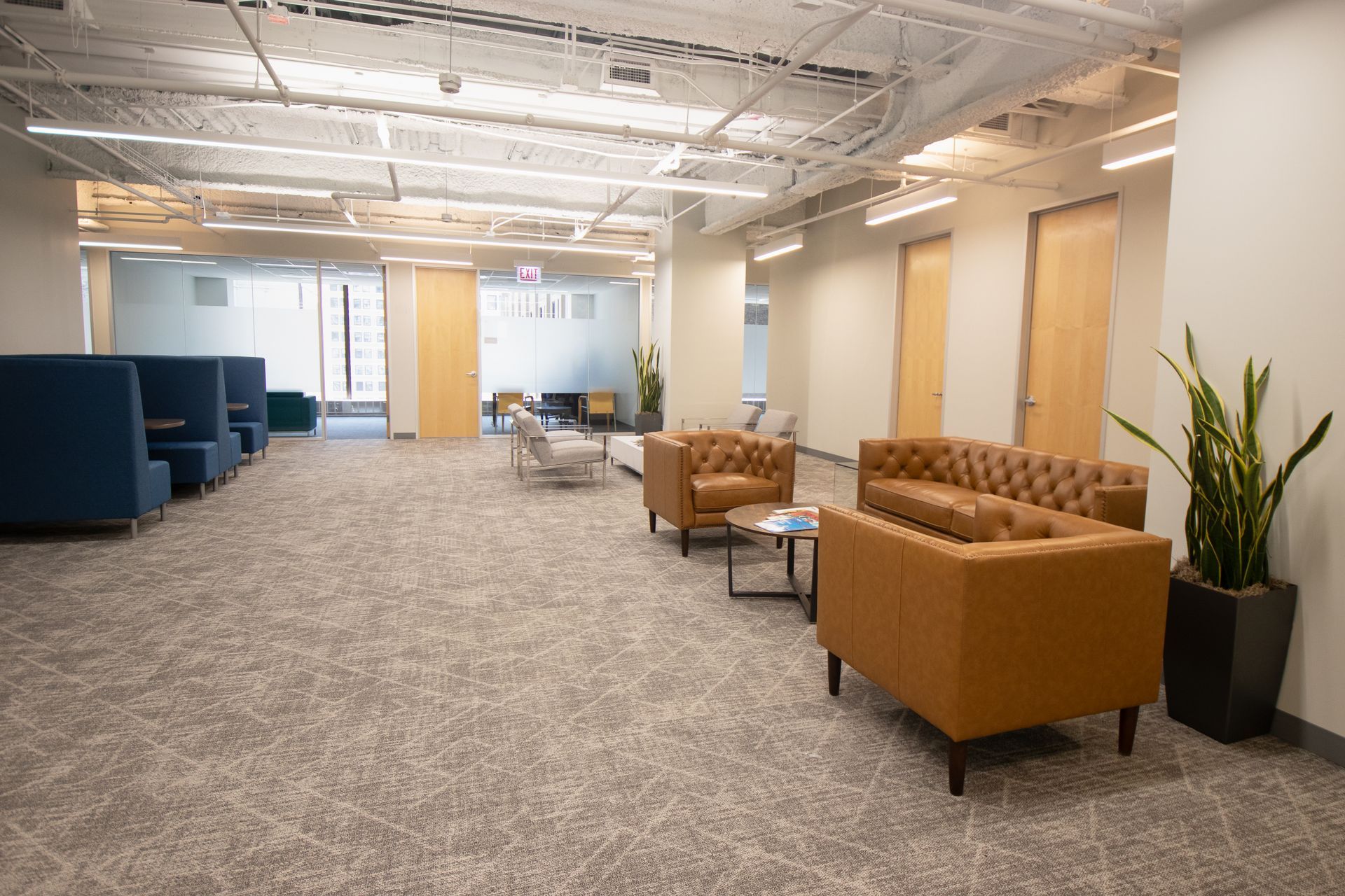 A modern office waiting area. Blue booths, tan sofa, chairs, plants, and doors on a gray carpet.