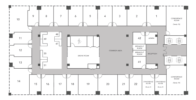 Floor plan of an office building with numbered rooms around a central open area.