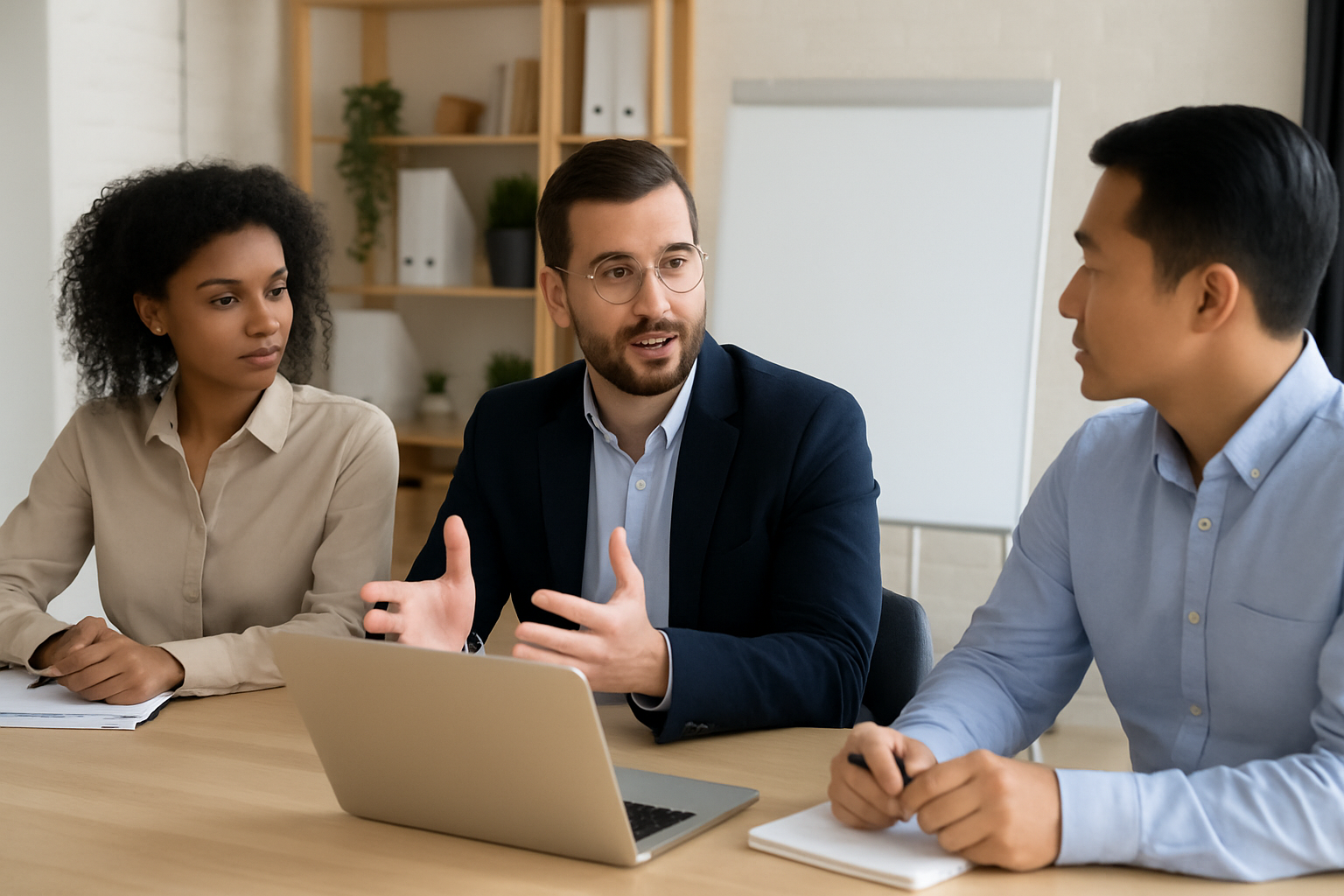 Three people at a table, two looking at a man speaking, a laptop present.