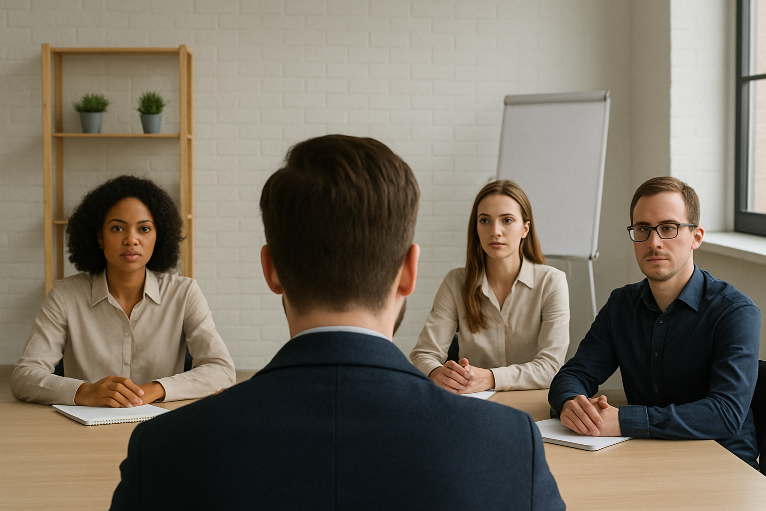Person in suit facing three interviewers seated at a table.