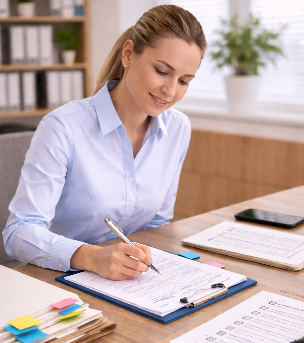 Woman in blue shirt writing on a clipboard at a desk in an office.