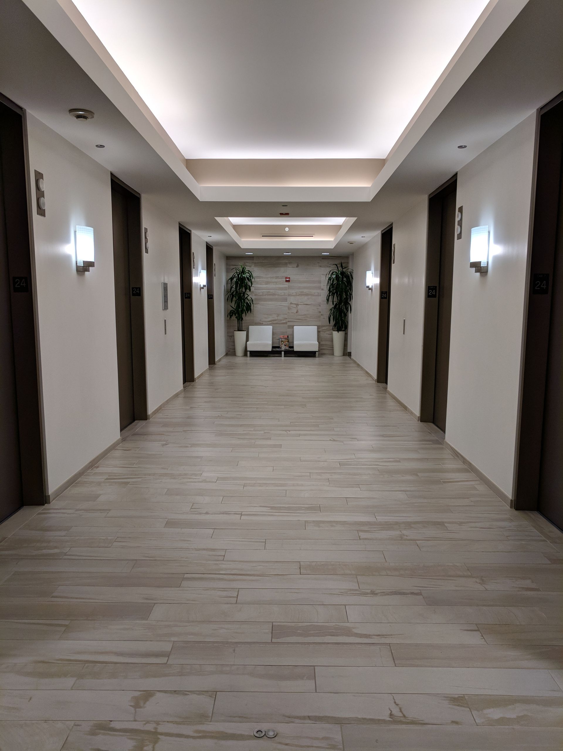 Hallway with elevator doors, white walls, recessed lighting, potted plants, and seating area.