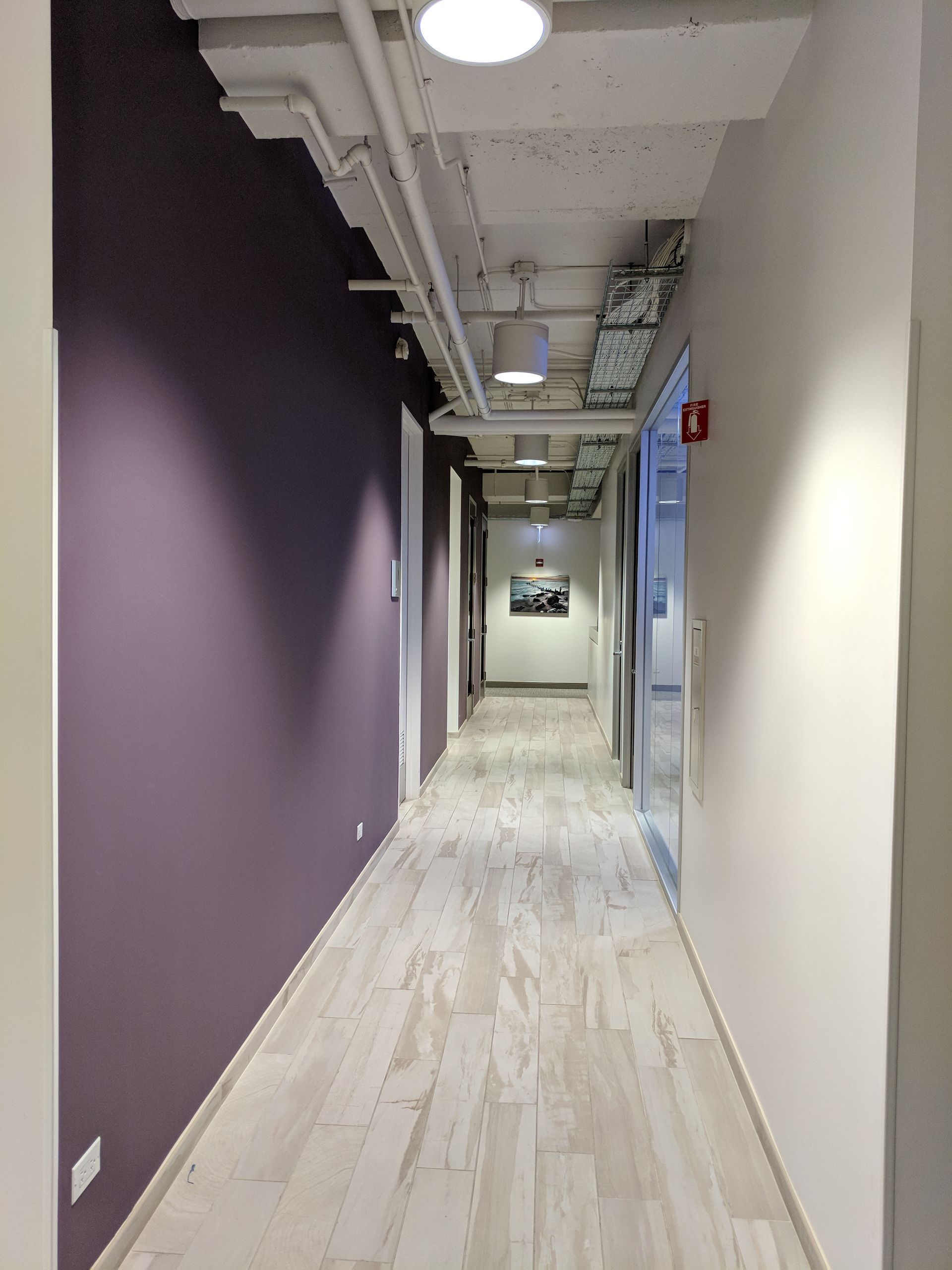 Long, narrow office hallway; purple and white walls, wood-look flooring, exposed ceiling fixtures, doors along the right.