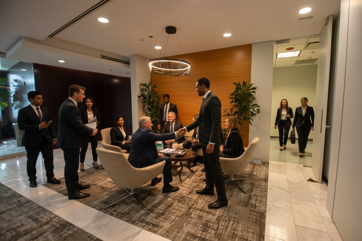 Business people in suits shaking hands in an office lounge with wooden paneling and modern lighting.