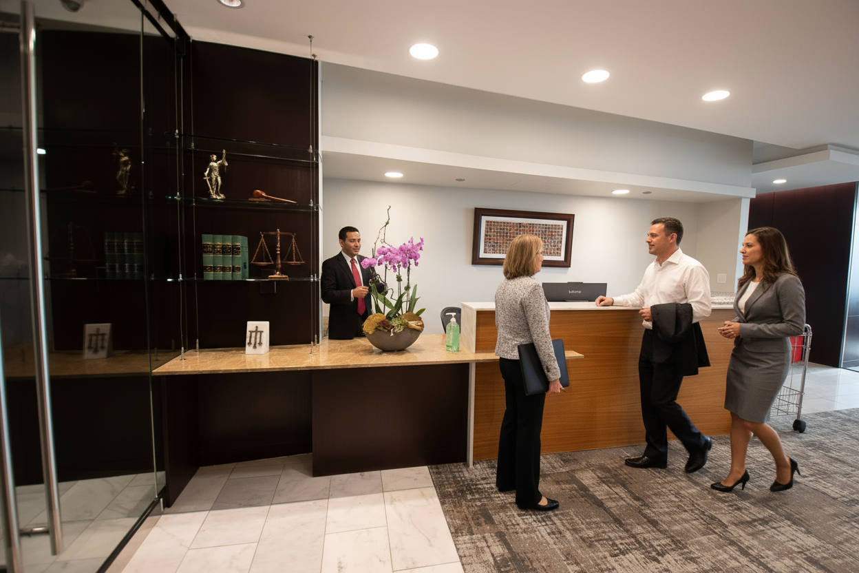 People at reception desk: receptionist behind counter, two people approach, one woman stands.