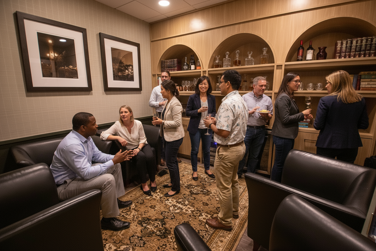 Group of people in a room, socializing. Some are holding drinks, near a display of bottles and framed art.