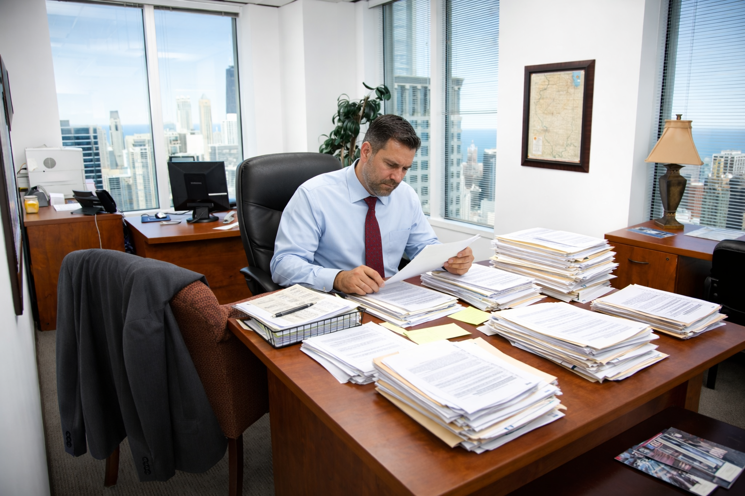 Man in office, reviewing documents at a desk overloaded with stacks of papers. City skyline visible through window.
