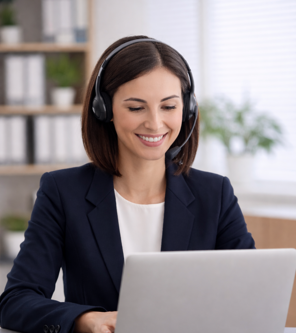 Woman wearing a headset, smiling at laptop, in a business suit. Working in an office setting.