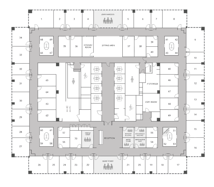 Floor plan of an office building with numbered rooms, restrooms, elevator, and reception area.