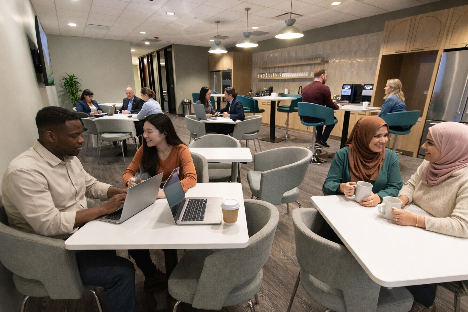 People working and conversing in a modern office lounge with tables, chairs, and laptops.