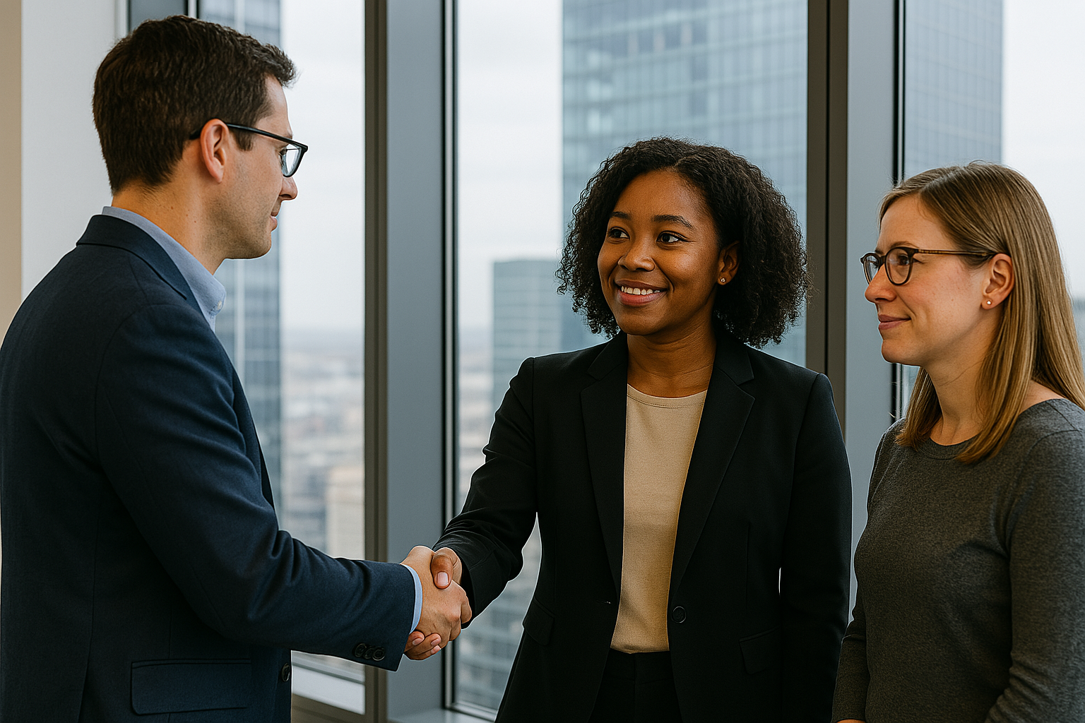 Three people in business attire, shaking hands in an office with city views.