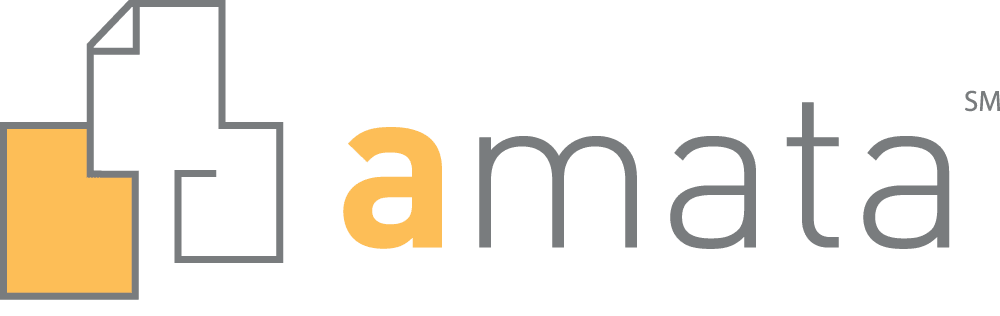 Logo for Amata, with a stack of papers and the company name. The letter