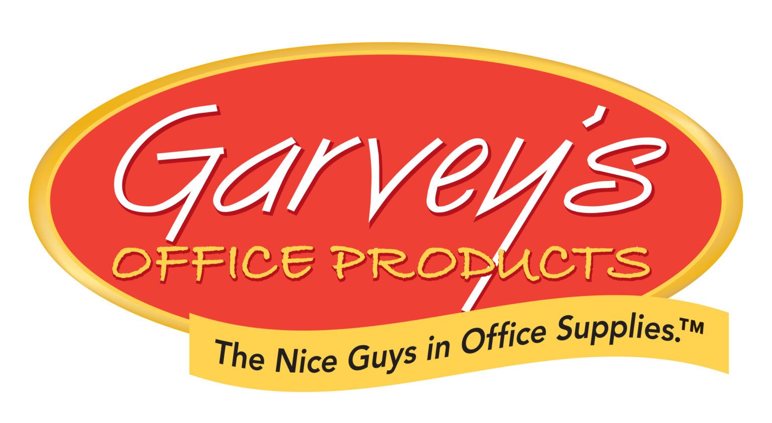 Logo for Garvey's Office Products. Red oval with white text and a gold banner below