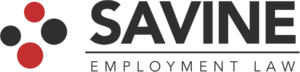 Logo for Savine Employment Law, featuring red and black circles, and the text