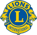 The logo for the lions international club is blue and yellow.