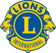 The logo for the lions international club is blue and yellow.