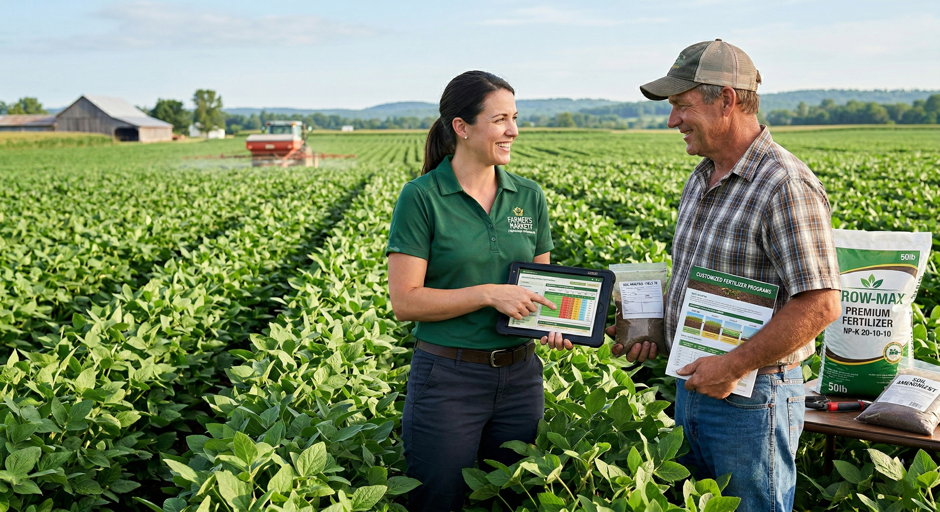 An agricultural advisor and a farmer discuss data on a tablet in a soy field, with farming equipment in the background.