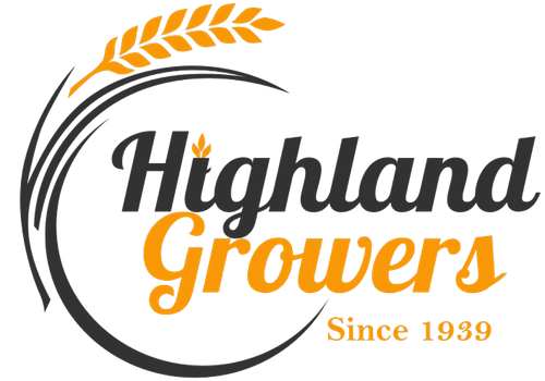 Highland Growers logo: Black and orange text with wheat icon on a grey arc;
