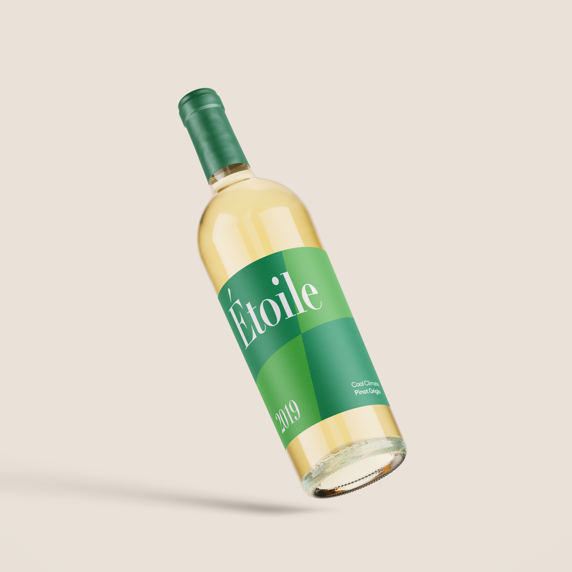 A bottle of wine with a green label is floating in the air.