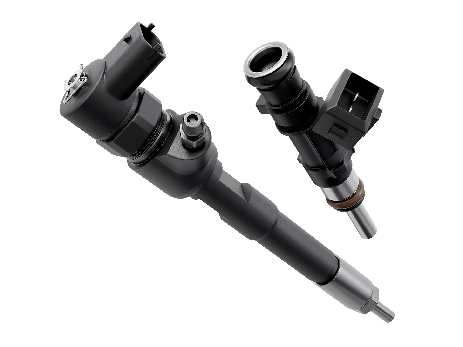 Two black fuel injectors, angled on a white background.