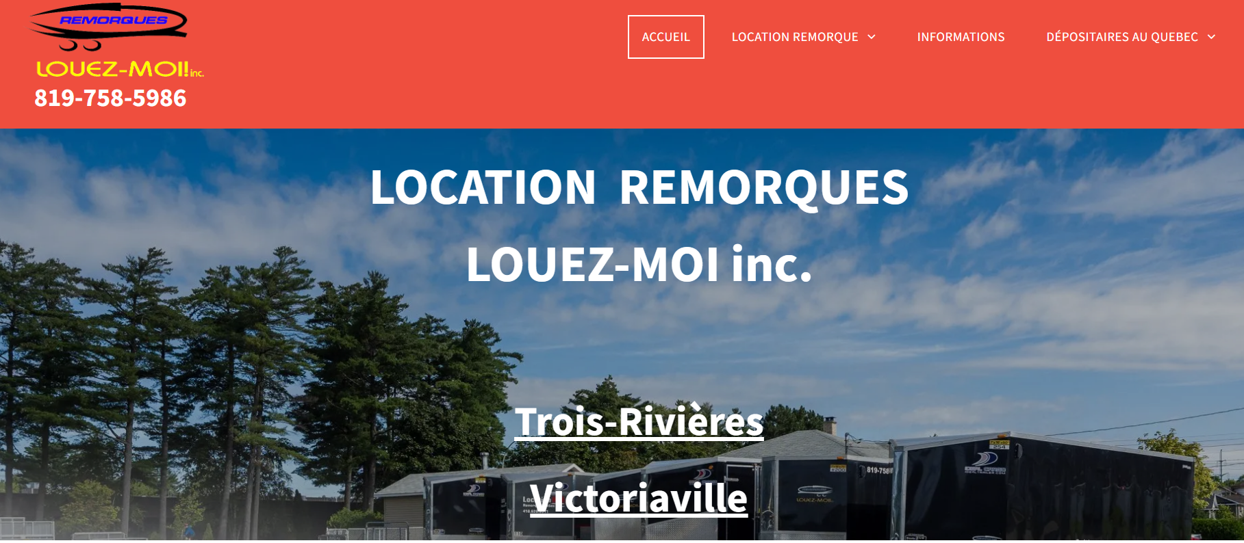 Une capture d'écran du site web de location remorques louez-moi inc.