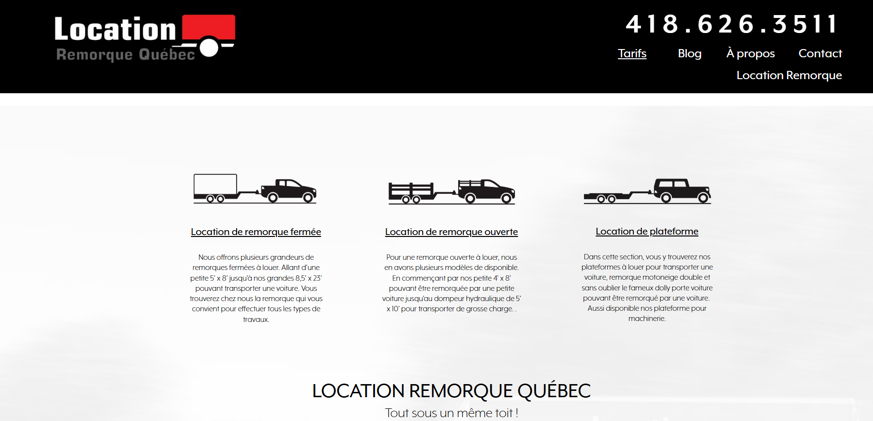 Une capture d'écran d'un site Web appelé localition remorque québec