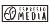 Le logo d'Espresso Media est un logo noir et blanc avec un tourbillon.