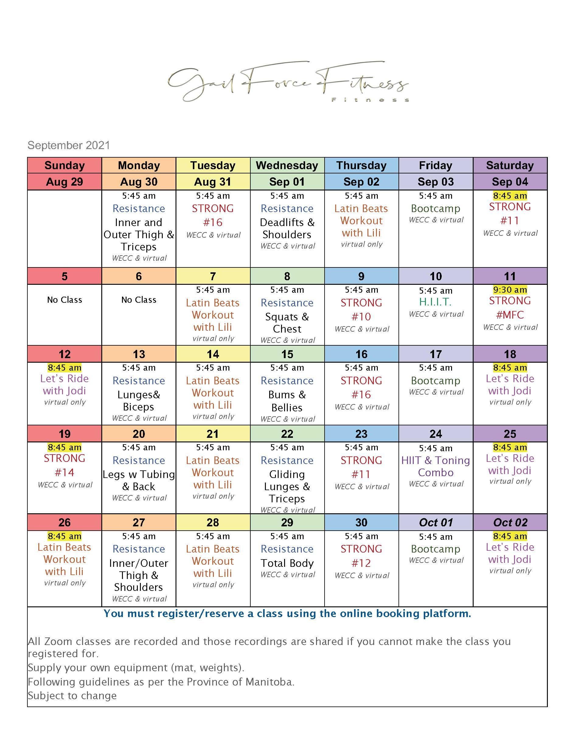 September 2021 Schedule Gail Force Fitness