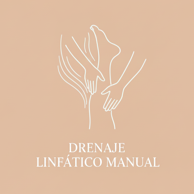 Dibujo lineal de manos masajeando una pierna, el texto dice "DRENAJE LINFÁTICO MANUAL" sobre un fondo beige.