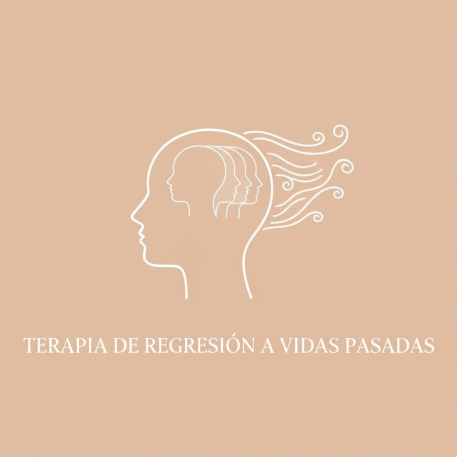 Contorno de una cabeza con otras cabezas dentro, con remolinos de cabello. Texto: Terapia de Regresión a Vidas Pasadas.