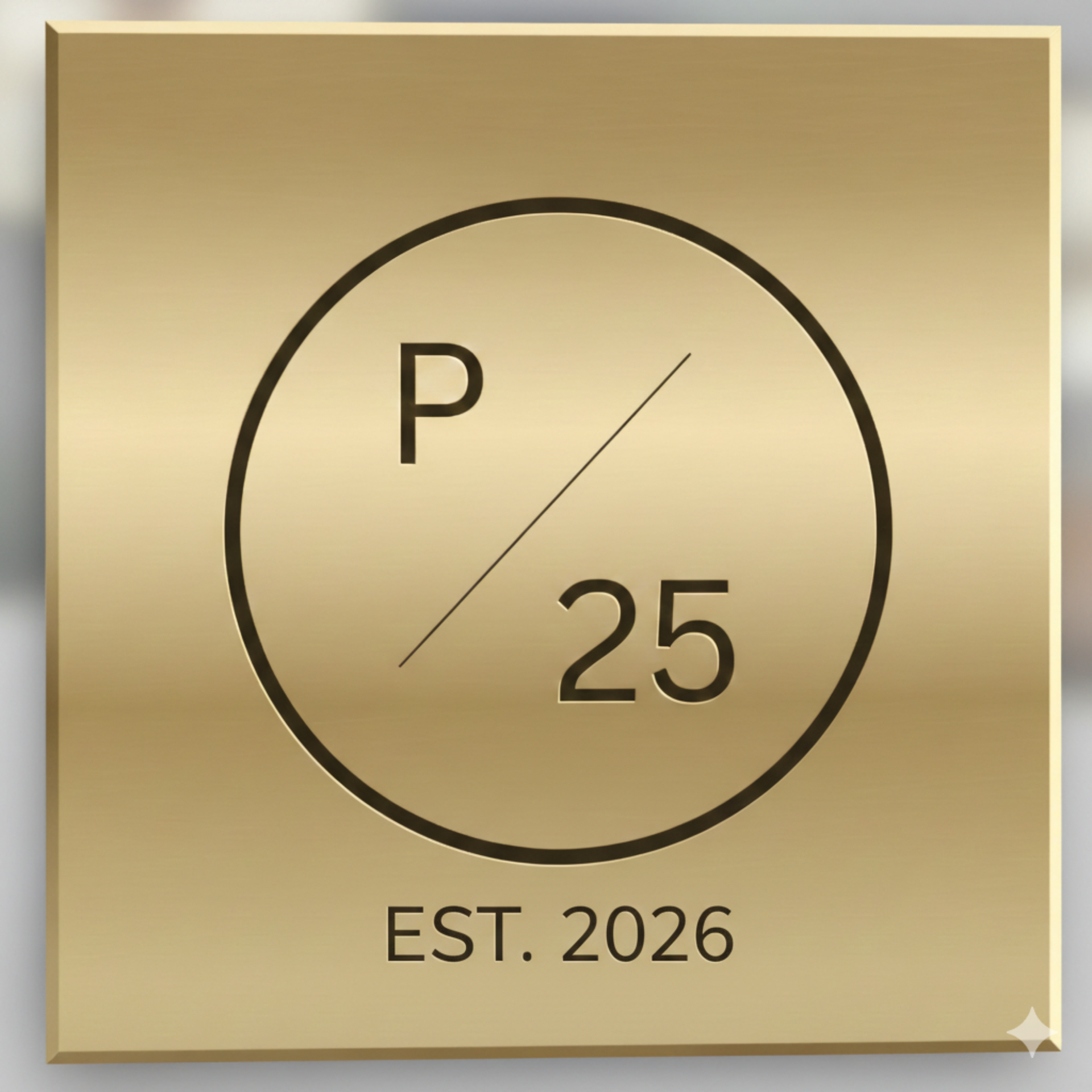 Gold plaque with a circle containing "P 25" and a diagonal line; "EST. 2026" below.
