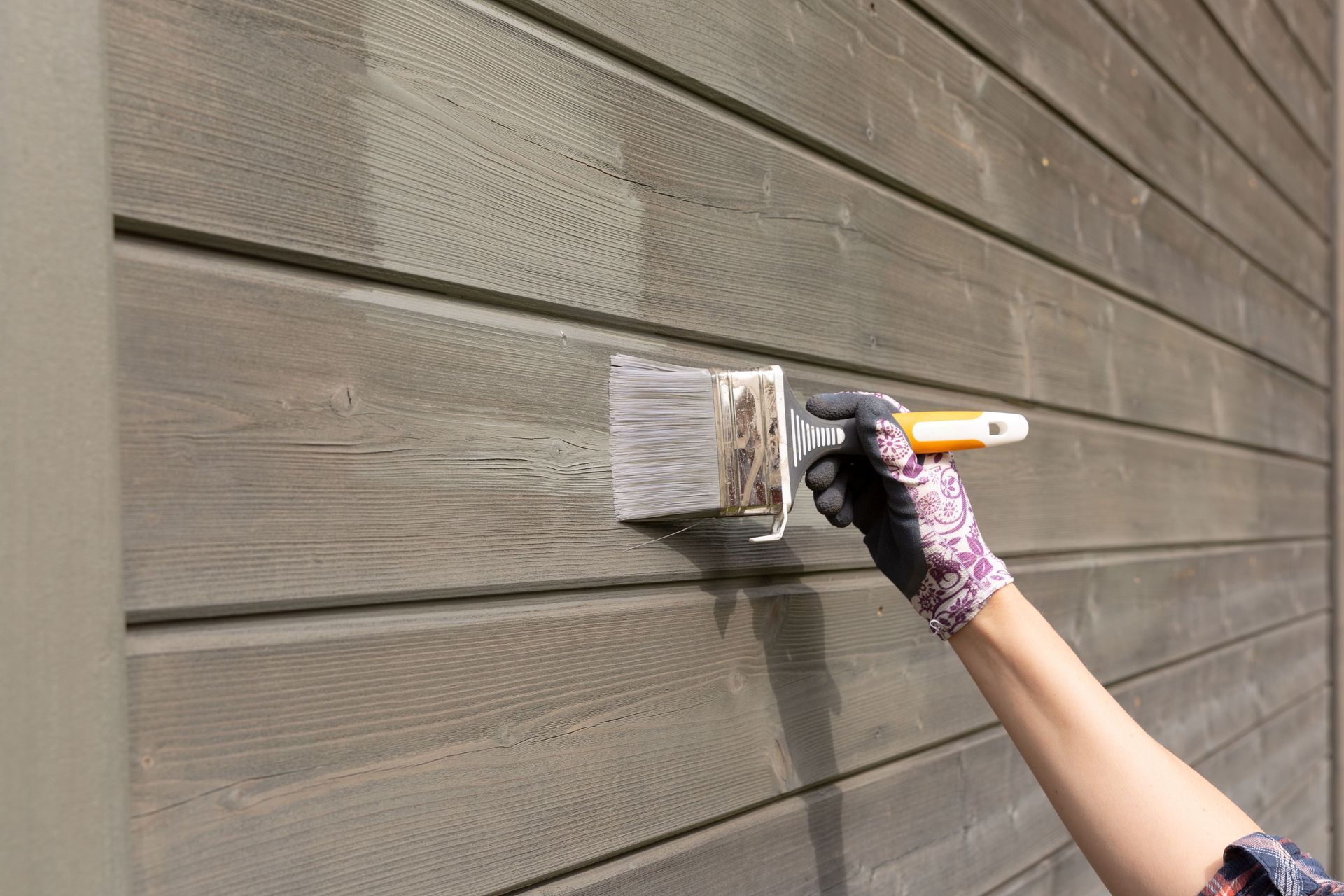 Exterior wooden siding being coated with fresh paint using a handheld brush. Exterior wooden siding being coated with fresh paint using a handheld brush.