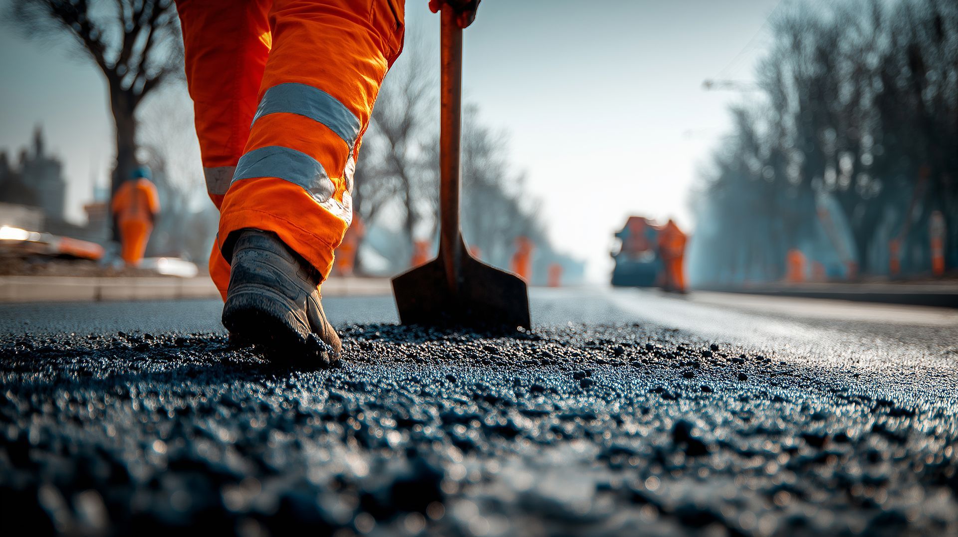 Road worker in orange gear leveling fresh asphalt with a shovel. Road worker in orange gear leveling fresh asphalt with a shovel.