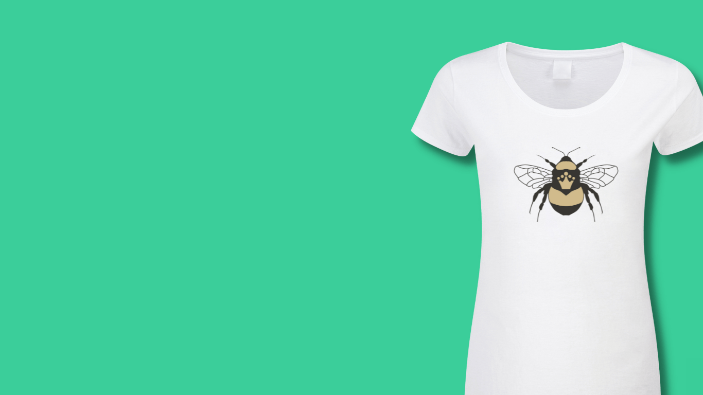 A white t-shirt with a screen printed bee logo