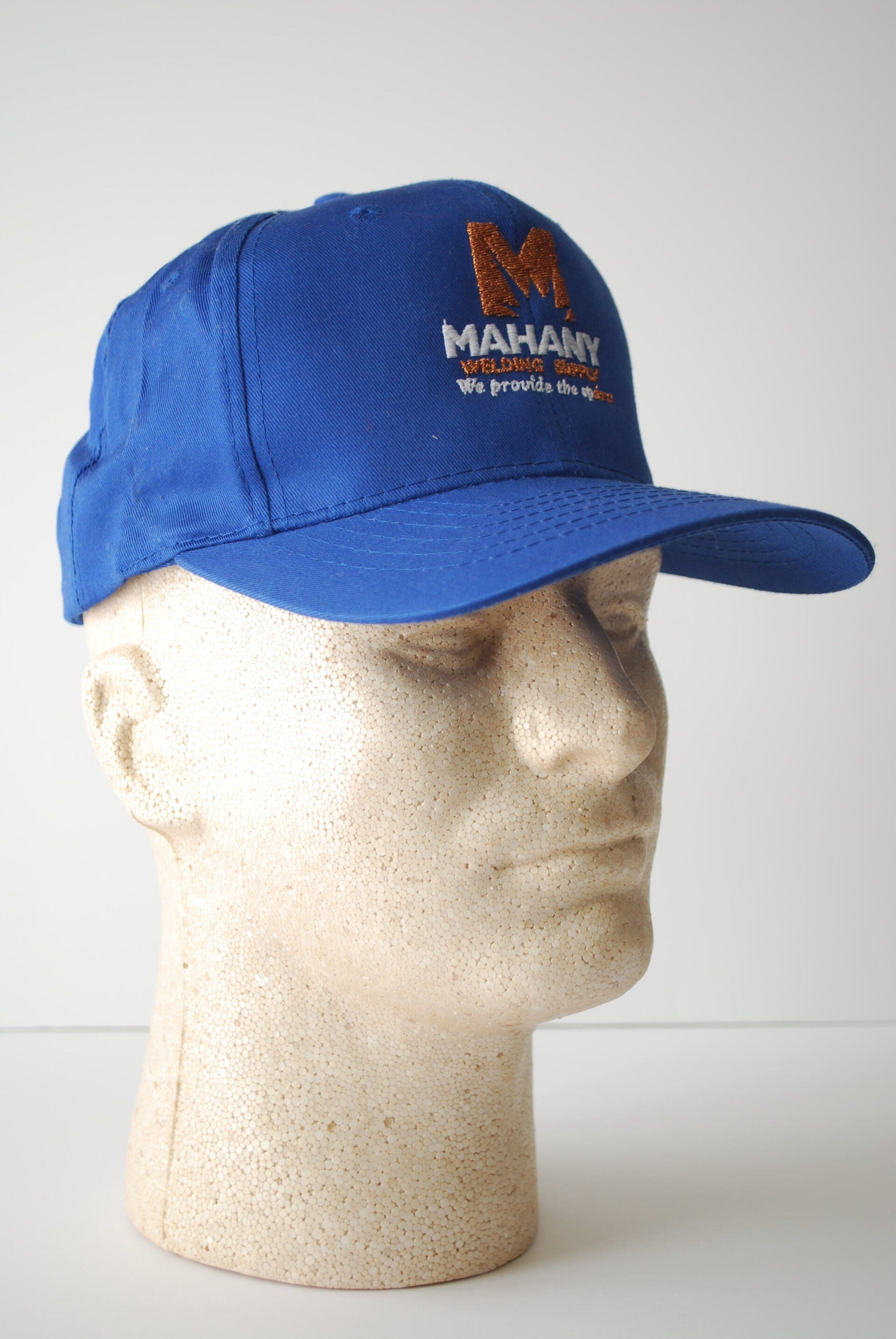A mannequin wearing a blue hat