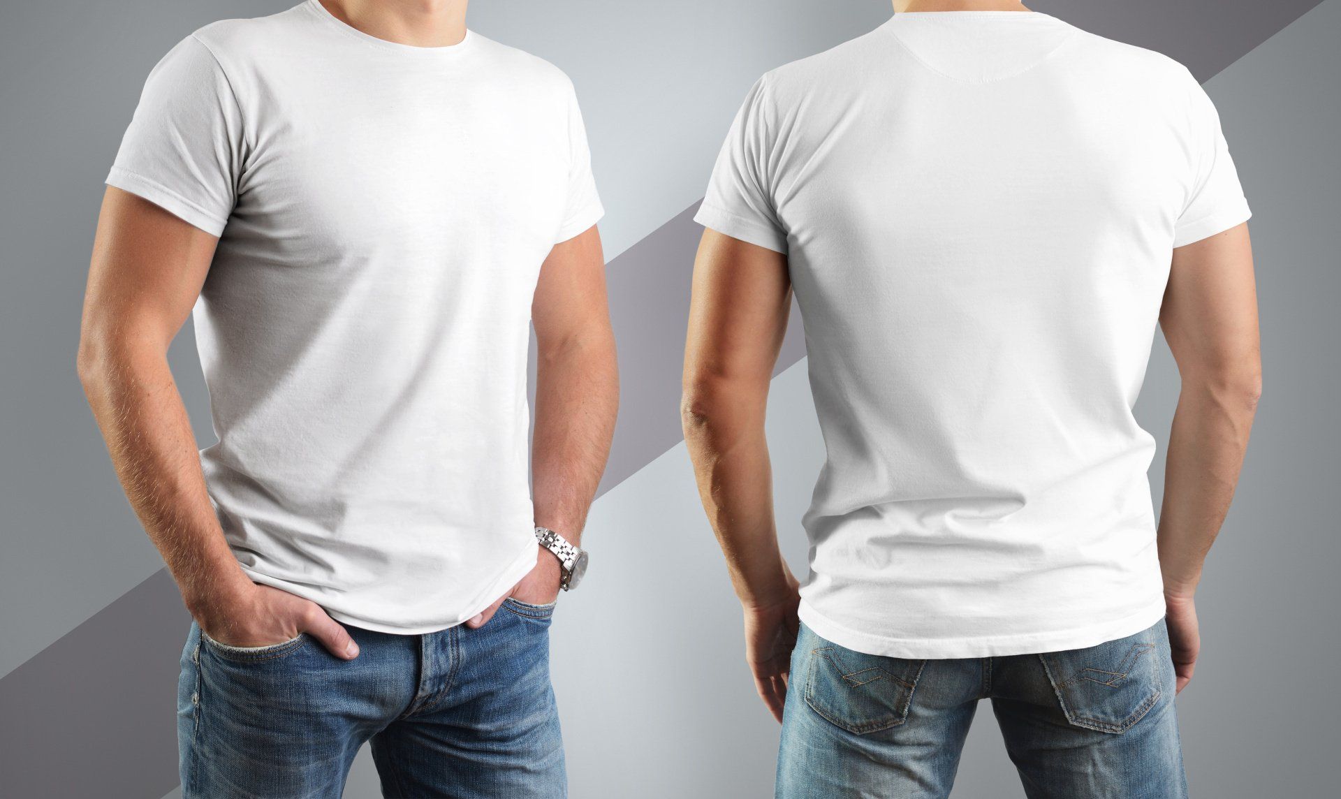 The front and back of a man wearing a white t-shirt