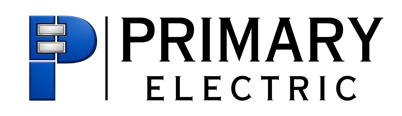 The logo for primary electric is blue and black