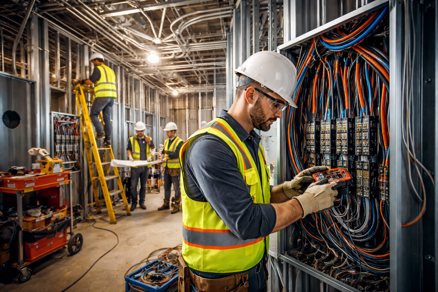 A close up of a electrical control panel with a lot of wires coming out of it.