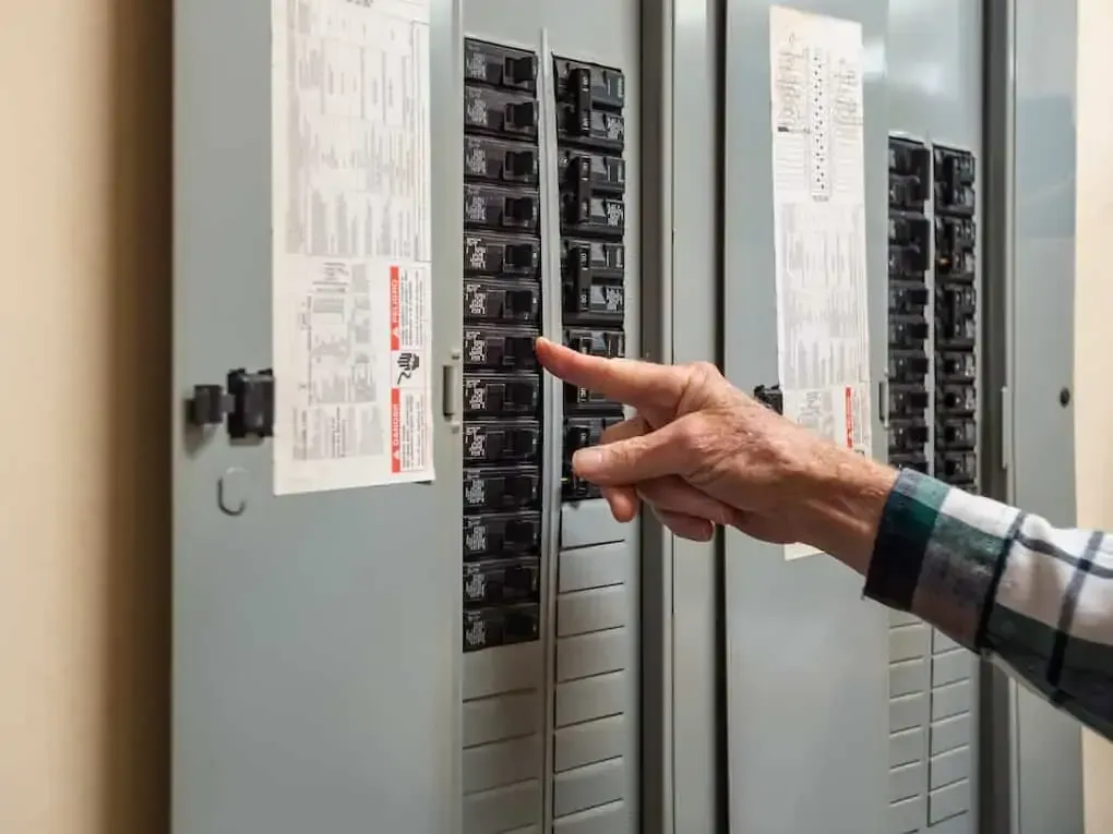 A person is pointing at a switch on a electrical panel.